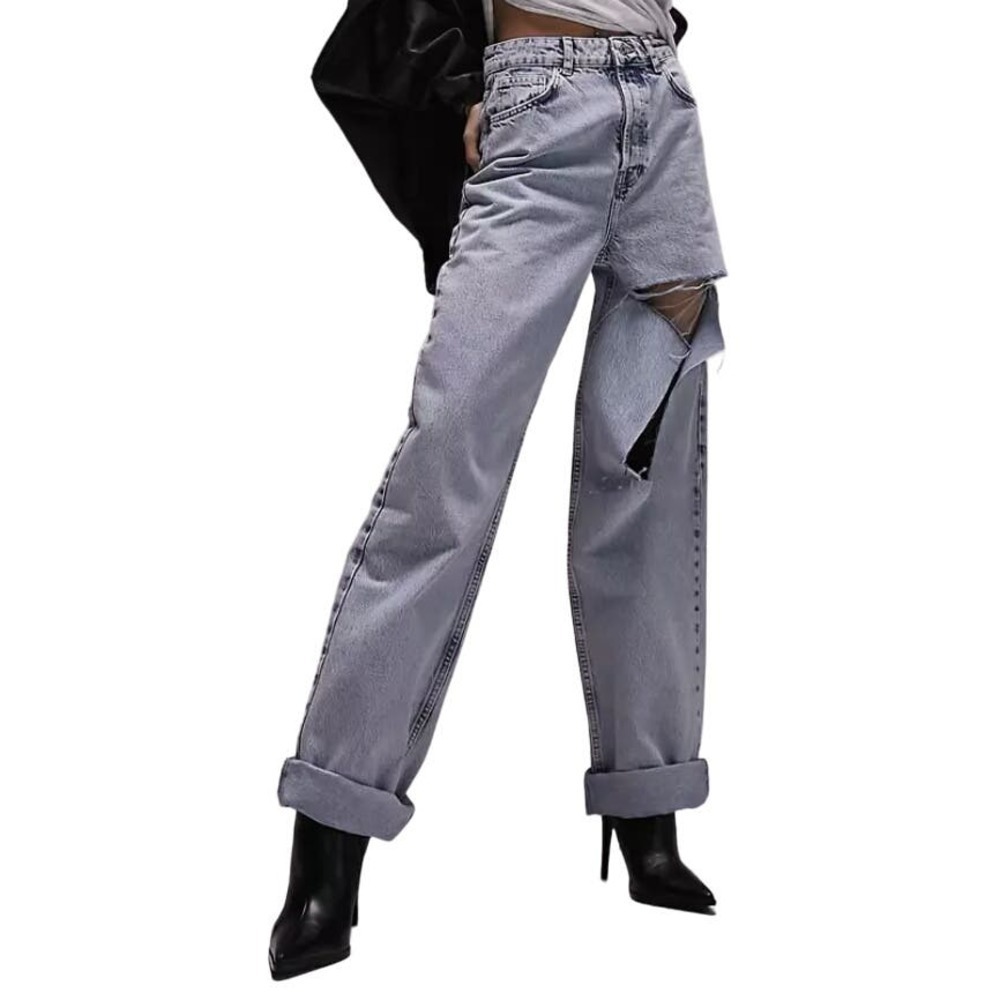 Topshop Oversized Mom Jeans With Rips In Bleach, Size 25x30